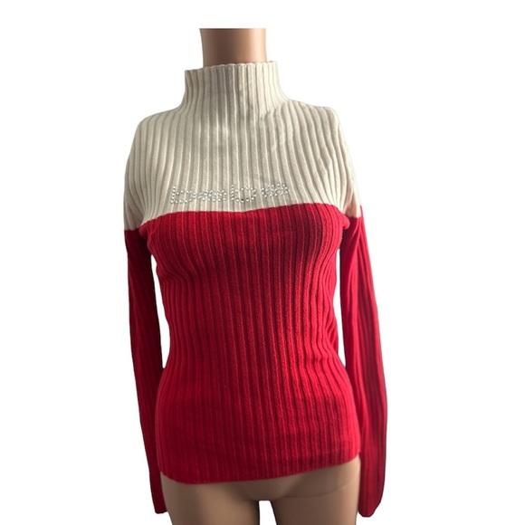bebe Sweaters Bebe Red And Cream Turtleneck Sweater Rhinestone